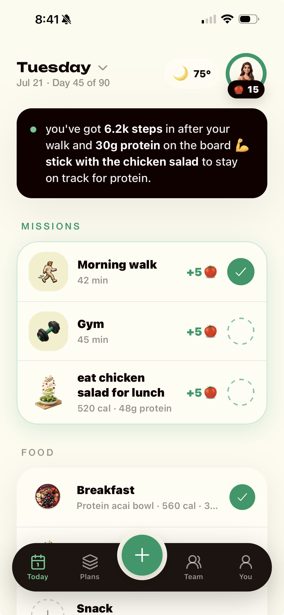 BodyBuddy Today screen showing a morning walk, meals, and movement