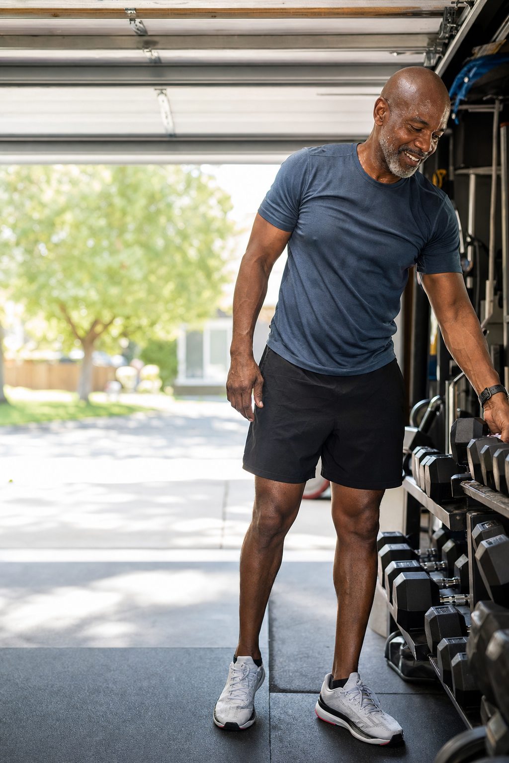 A man in his fifties setting a dumbbell back on the rack in a bright garage gym