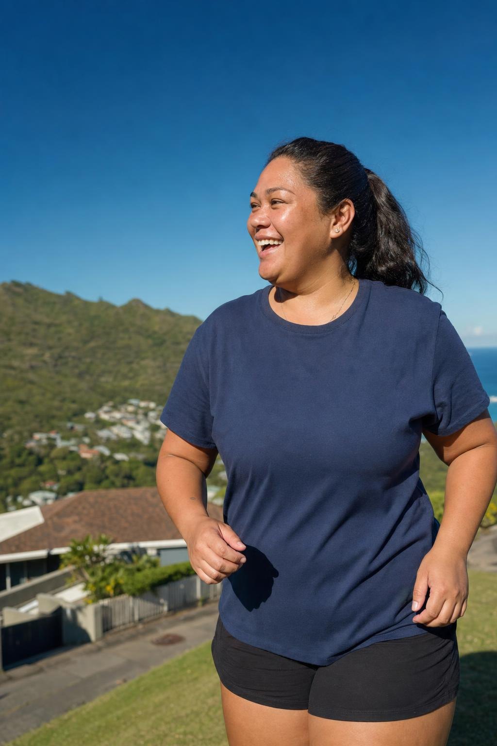 A Native Hawaiian woman laughing on a morning walk up a hill in Honolulu